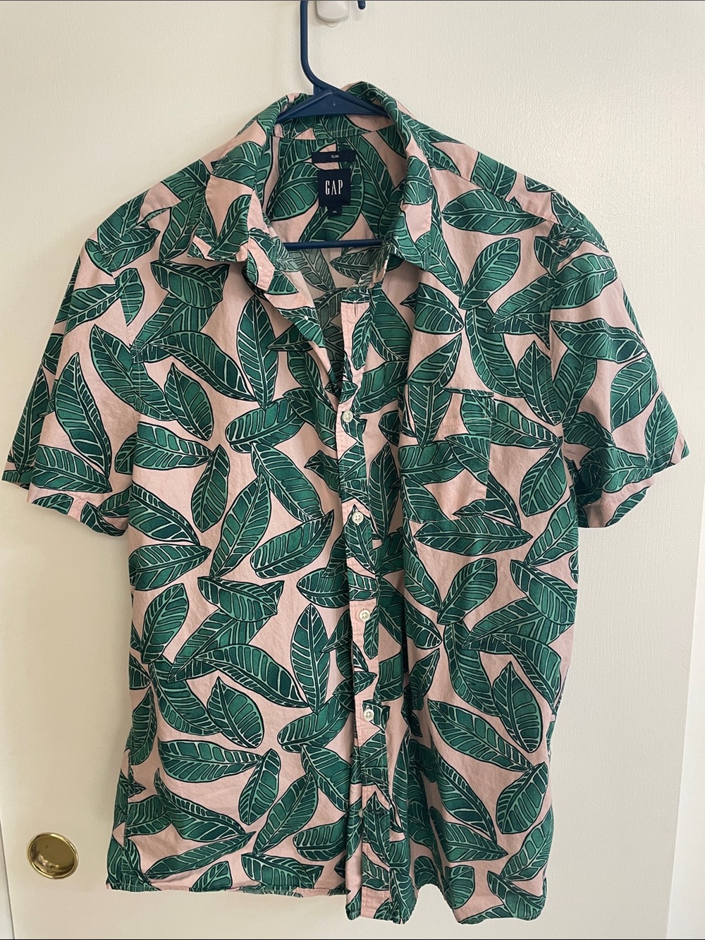 Men's XL GAP Slim Green Leaf Print Short Sleeve Shirt